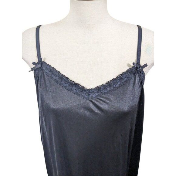 Vintage Camisole Lace Trim Bows Plus Size 3X Black Slinky Semi Sheer Adjustable - Picture 2 of 8